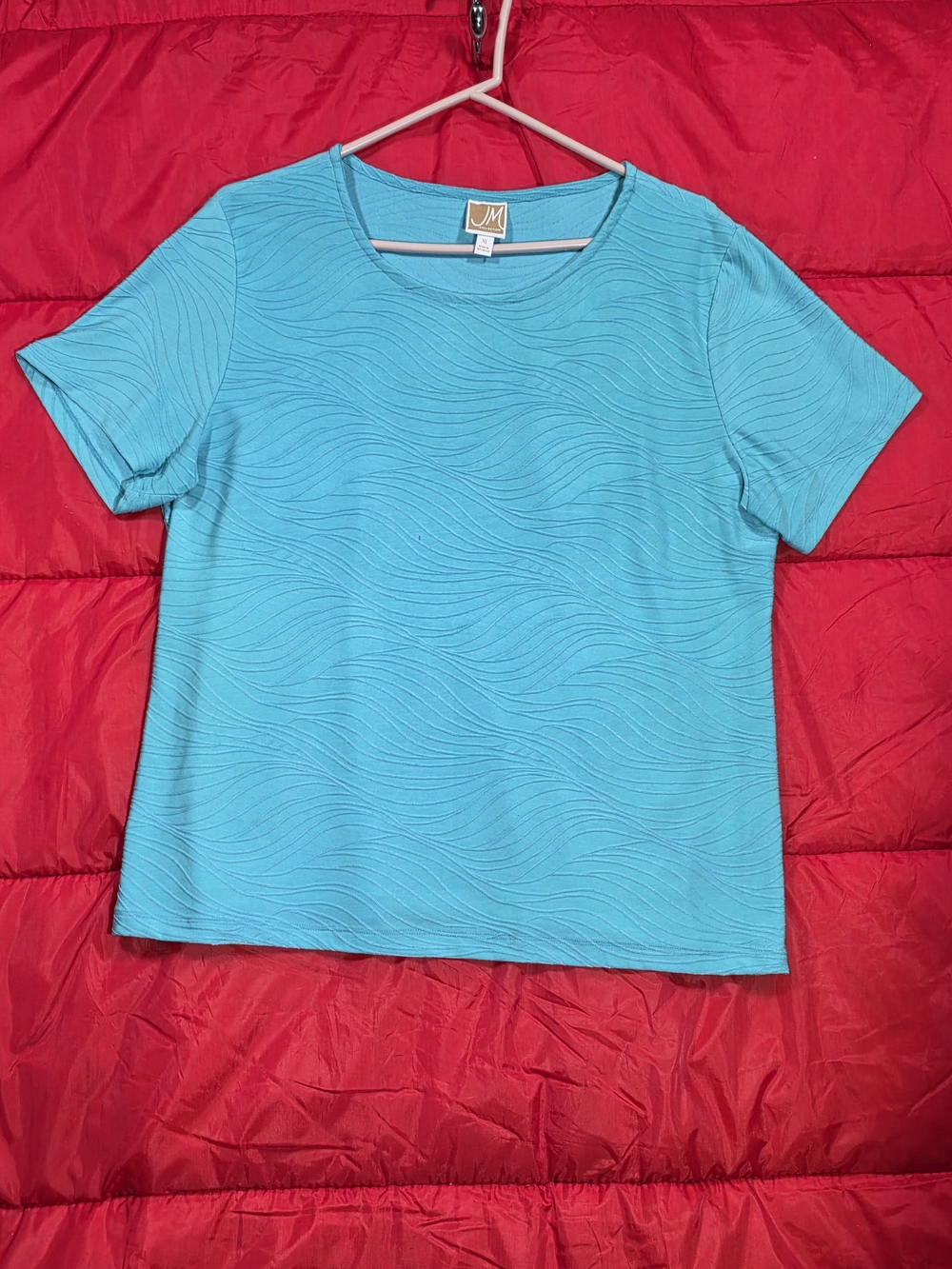Basic Editions Turquoise Wave-Texture Short Sleeve Top